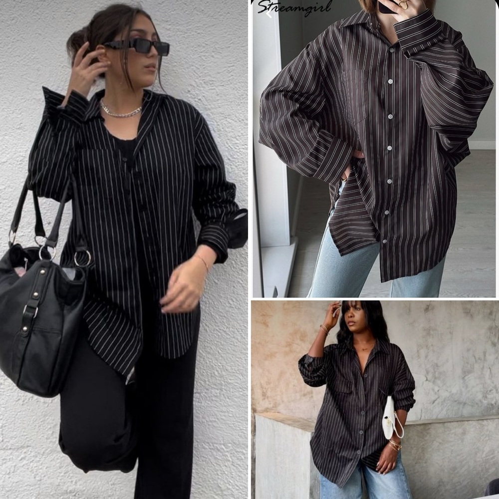 Striped Oversized Button-Up Shirt - Black